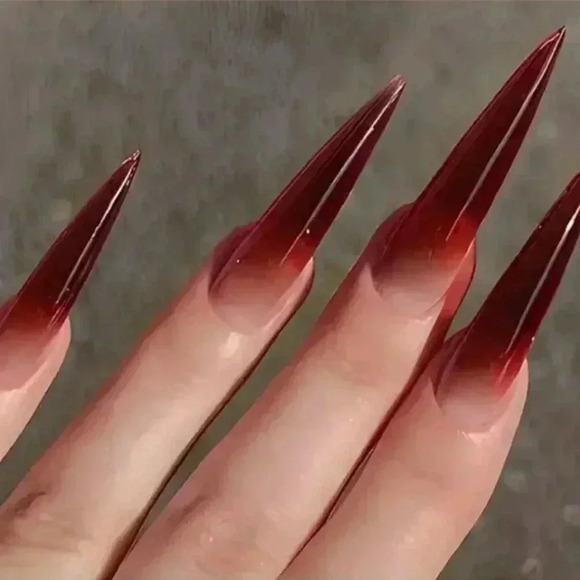 #32 24pcs Glossy Long Stiletto Press-On Nails - Wine Red Gradient with Stripe - Picture 2 of 10